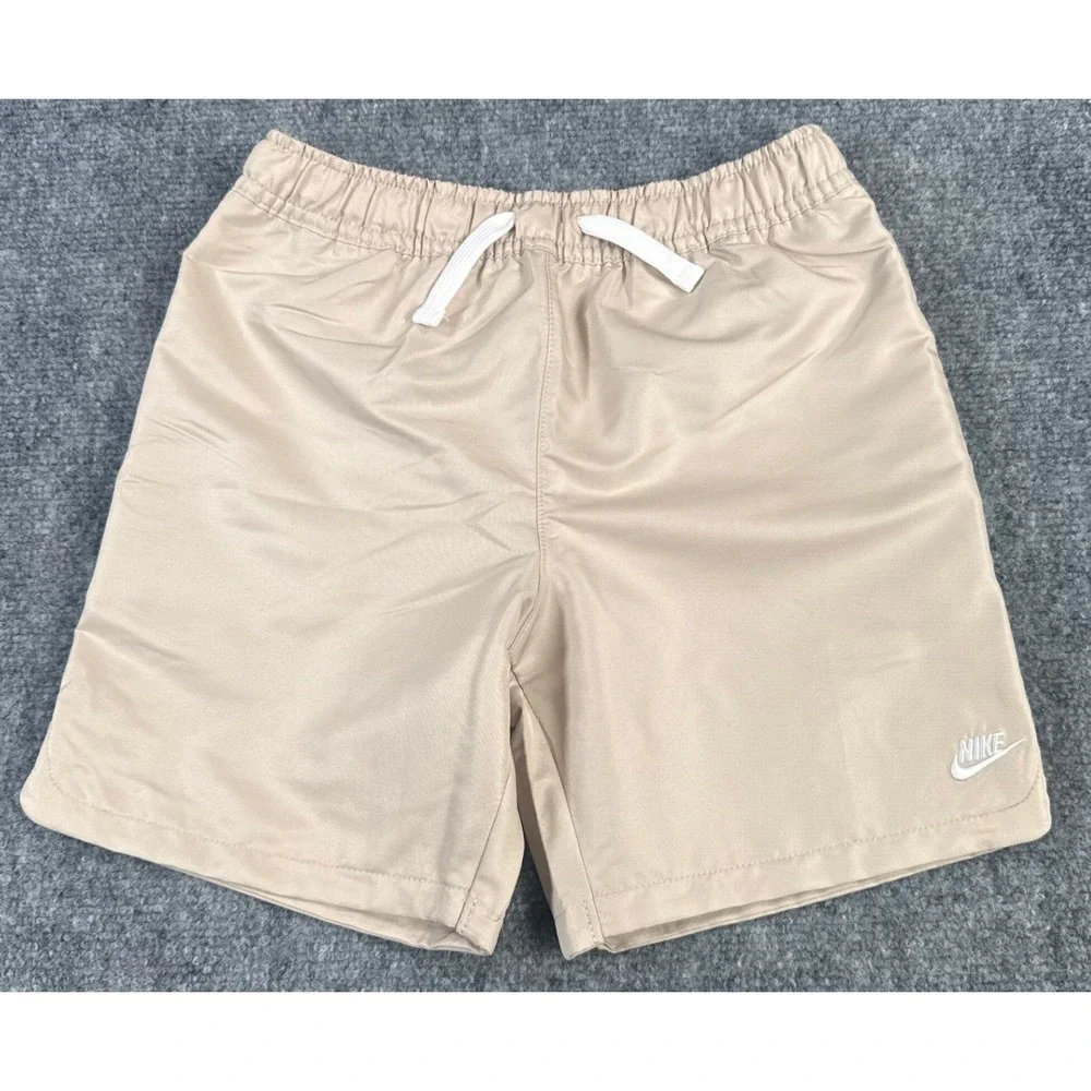 Nike Kids Size 5 Woven Athletic Shorts Khaki Tan White Drawstring Logo NWT